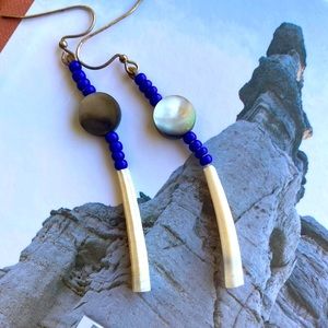 Earrings with dentalium shells and mother of pearl, made in Northern California